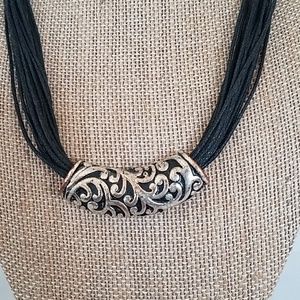 Boho Silver Charm Multi-Strand Black Cord Necklace